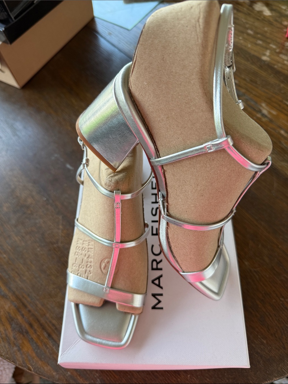 NWT in box Marc Fisher Silver Caged Heel Sandals size 5.5 with 2.5” block heel